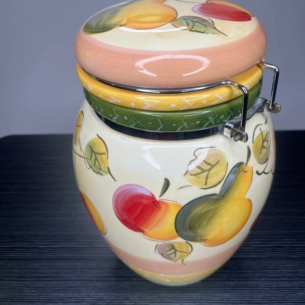 Gibson Everyday Kitchen Canister Hand Painted Fruit Ceramic Metal Clamp Lid 9in